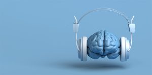 Illustration of a blue brain wearing gray headphones