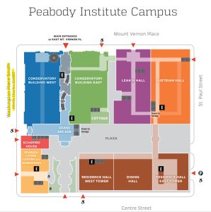 Campus map with the west entrance highlighted